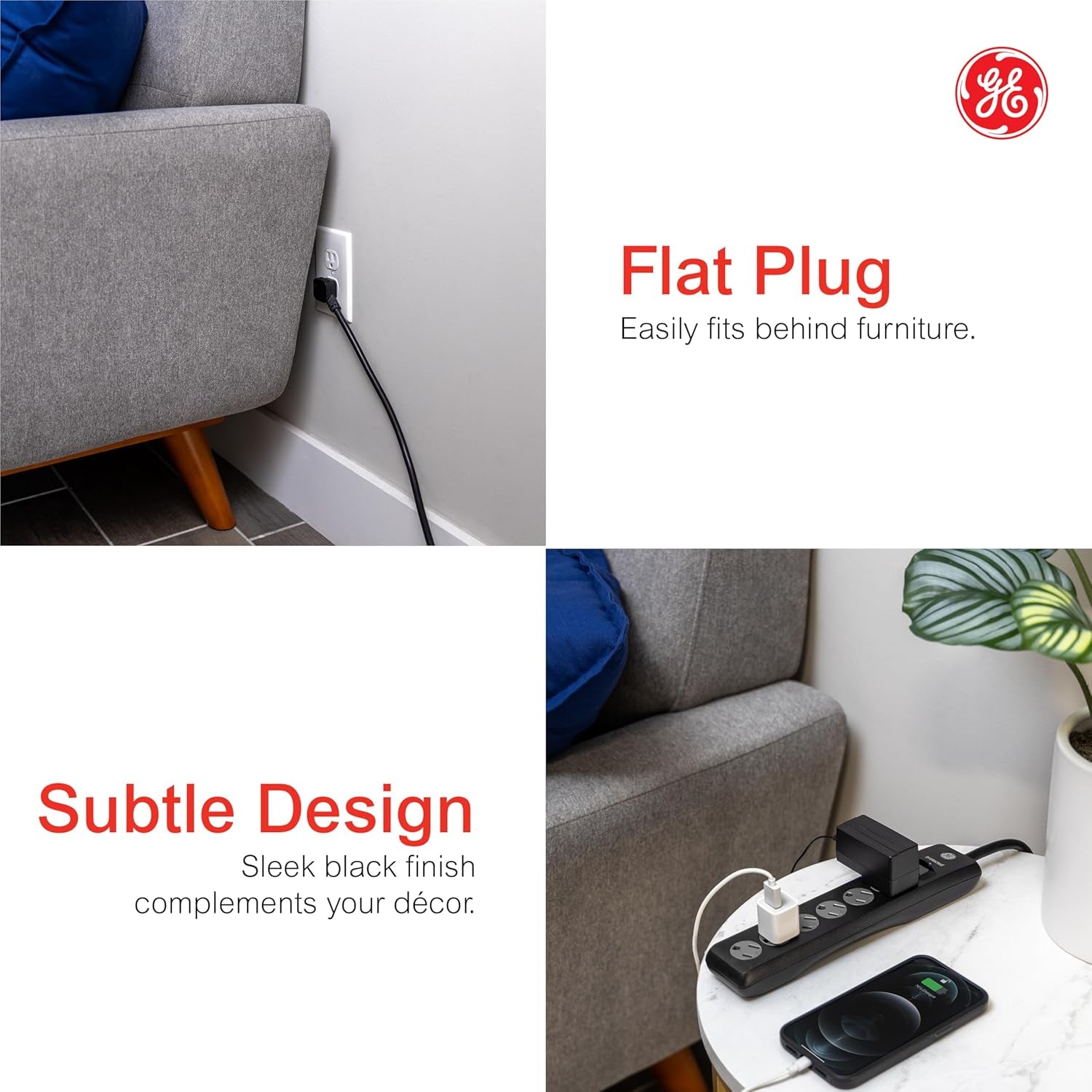 6-Outlet Sur Protector, 15 Ft Extension Cord, Power Strip, 800 Joules, Flat Plug, Twist-To-Close Safety Covers, Protected Indicator Light, ETL Listed, Black, 50767