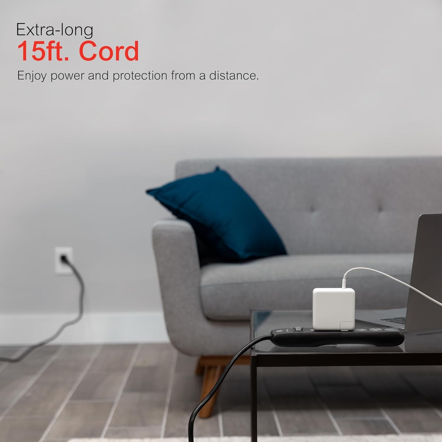 6-Outlet Sur Protector, 15 Ft Extension Cord, Power Strip, 800 Joules, Flat Plug, Twist-To-Close Safety Covers, Protected Indicator Light, ETL Listed, Black, 50767