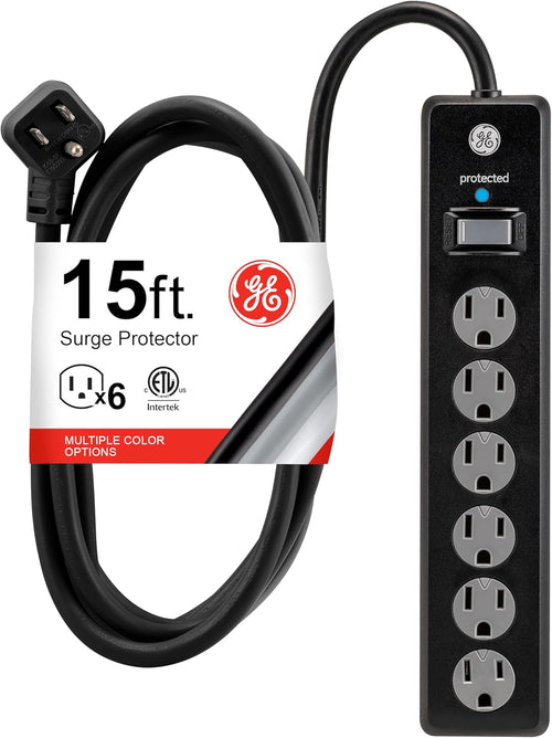 6-Outlet Sur Protector, 15 Ft Extension Cord, Power Strip, 800 Joules, Flat Plug, Twist-To-Close Safety Covers, Protected Indicator Light, ETL Listed, Black, 50767